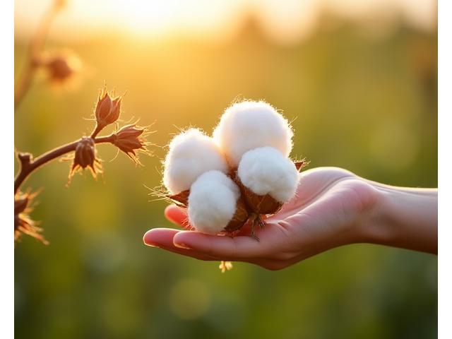 Hand harvesting organic cotton in a sunlit field