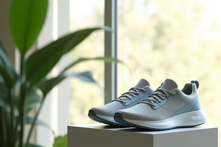 Stylish sustainable sneakers on a minimalist eco-friendly background with lush green elements