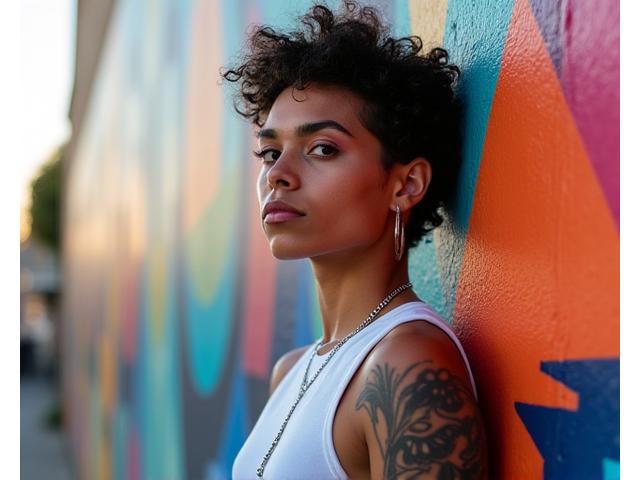 Portrait of a young, stylish LA-based artist, with tattoos and a confident expression, against a vibrant, graffiti-covered wall.