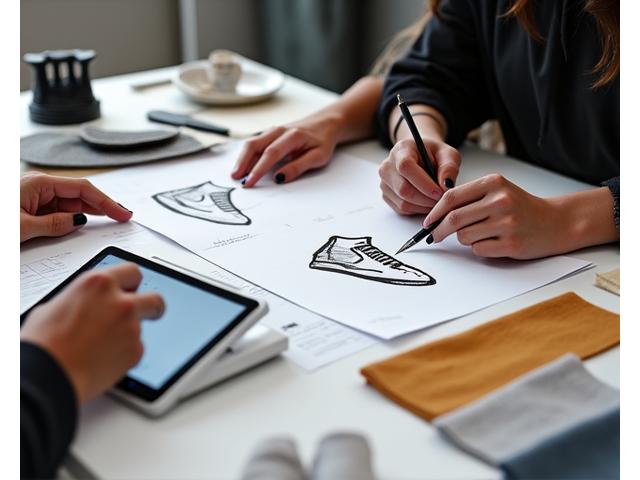 Detailed photo showing sneaker designers collaborating, sketching designs on paper and reviewing materials samples in a modern, well-lit studio.