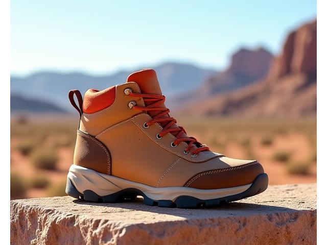 Rugged, stylish high-top sneaker 'boot' with earthy tones and durable materials, perfect for urban exploration, in a desert-like setting.