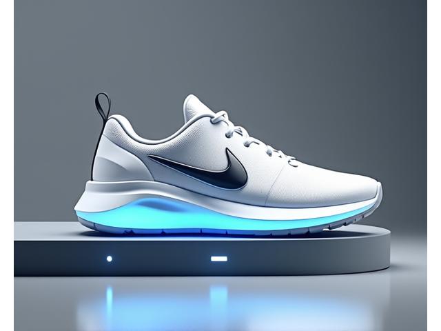 Sleek, futuristic white running shoe with metallic accents on a minimalist dark background, glowing with blue light.