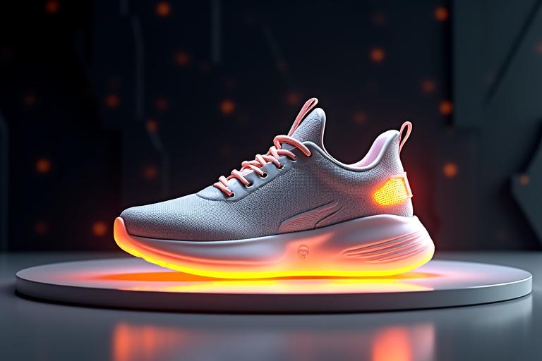 Detailed 3D model of a high-end sneaker rotating on a digital display, showcasing intricate sole patterns and material textures with interactive hotspots.