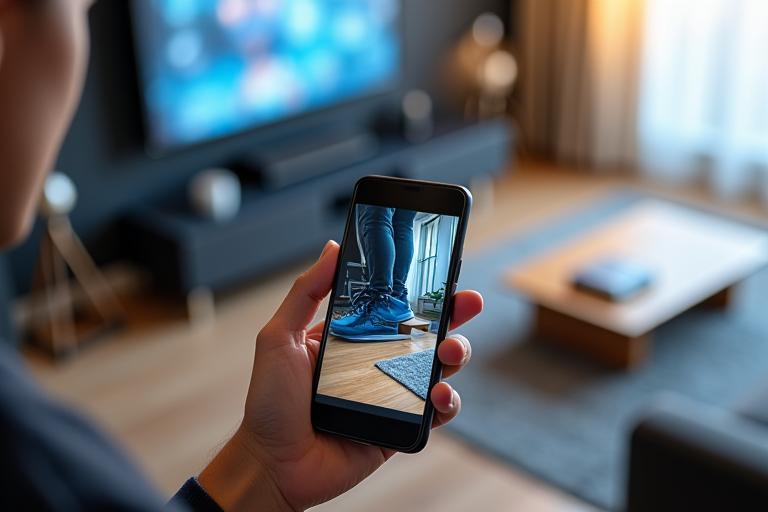 Smartphone displaying an augmented reality view of a sneaker overlaid perfectly on a person's foot in a living room, blending seamlessly with the real environment.