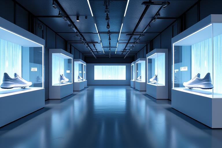 An immersive 3D virtual retail environment, sleek and modern, showcasing Arc Vault's latest sneaker collection on glowing pedestals, with digital pathways guiding the user.