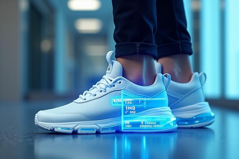 Person using virtual try-on technology to see sneakers on their foot, digital overlay showing real-time fit and style options with vibrant graphics.